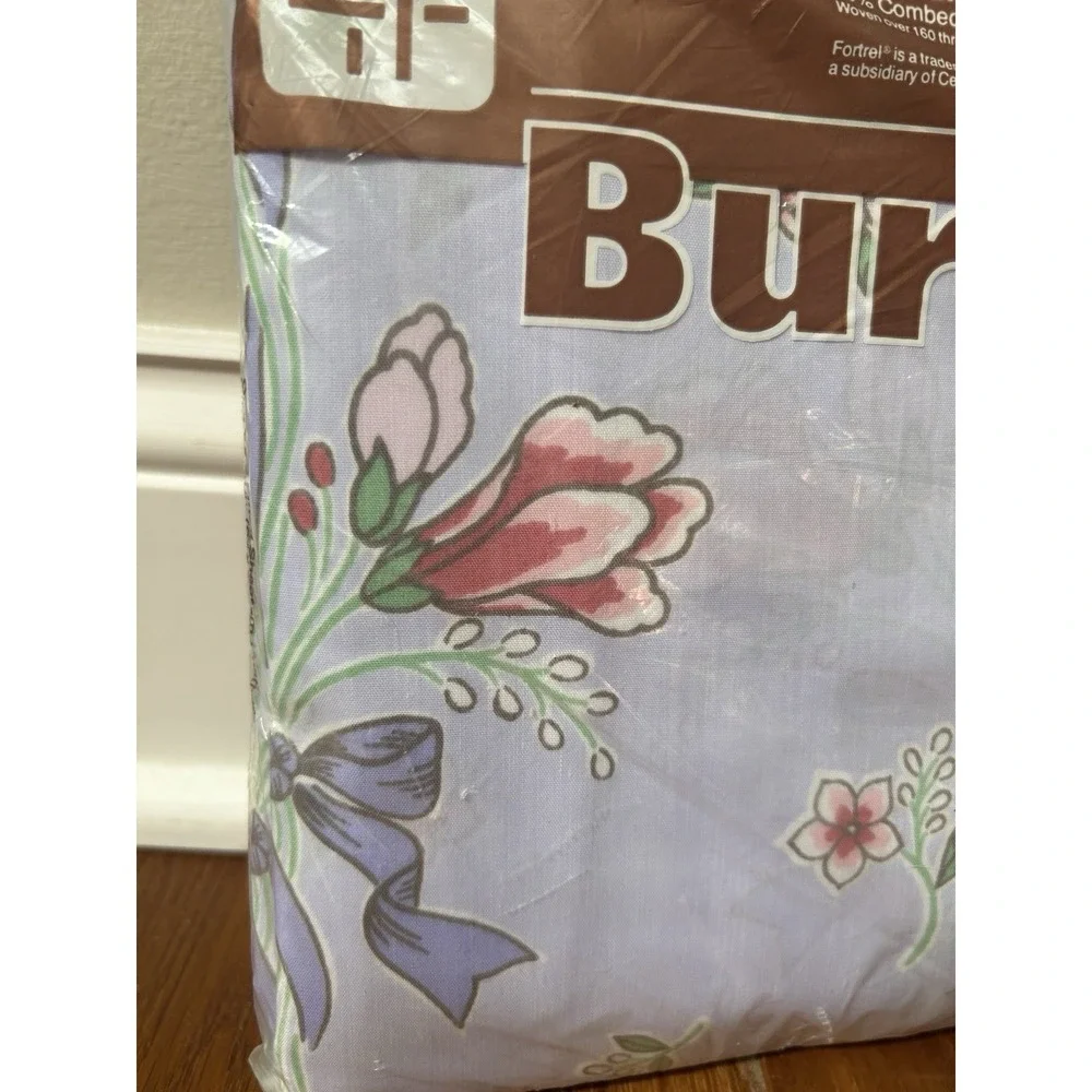 Vintage Burlington Caress Floral Fitted Twin Sheet Periwinkle Bouquet Ribbon New